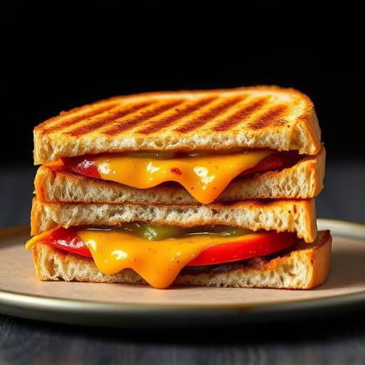 A delicious looking grilled sandwich cut in half