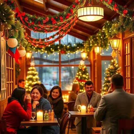 A holiday celebration at the cafe with festive decorations and happy customers.