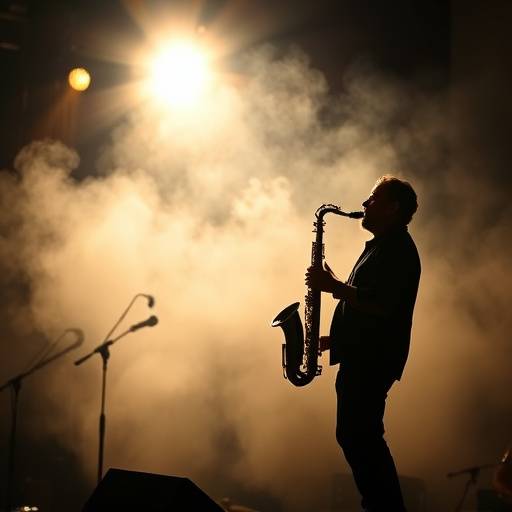 A silhouette of a saxophone player on a smoky stage with jazz instruments in the background.