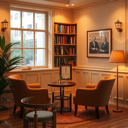 A warmly lit corner of the cafe with comfortable armchairs and a bookshelf.