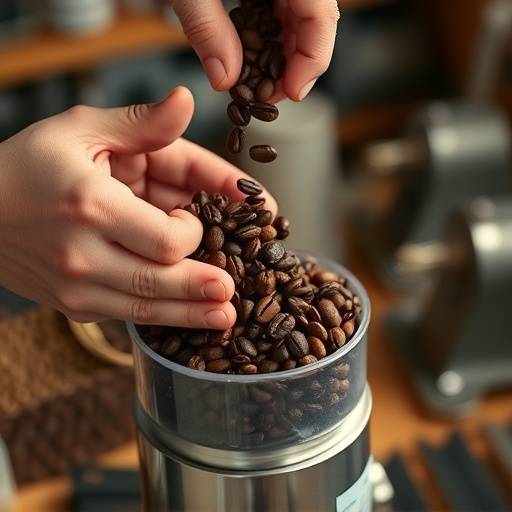 Close up of hands pouring coffee beans into a grinder during a coffee brewing workshop.
