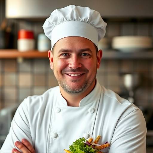 Portrait of John Smith, kitchen chef at The Daily Grind Cafe, standing next to a table with a salad
