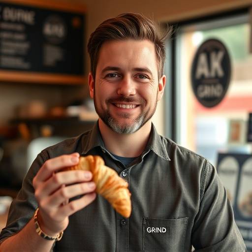 Portrait of Mark Thompson, co-founder of The Daily Grind Cafe, holding a freshly baked croissant